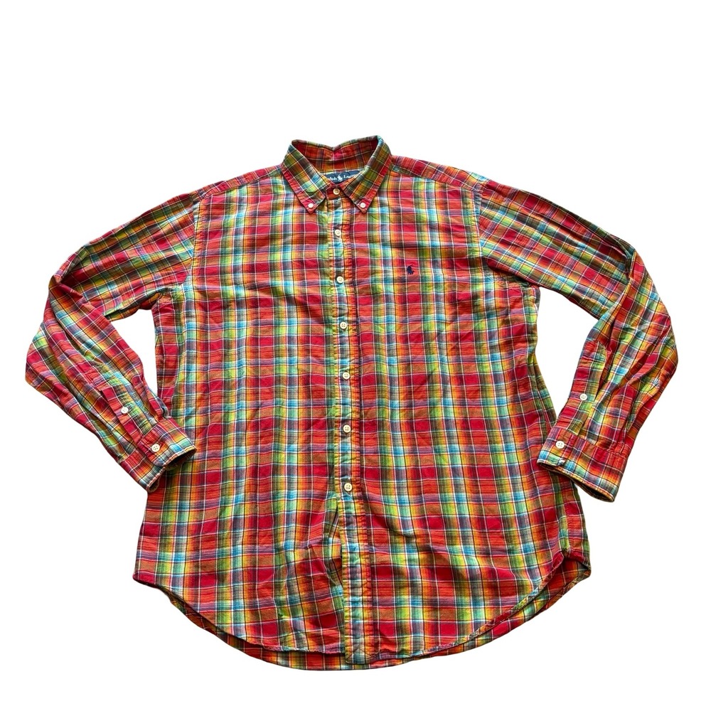 Ralph Lauren Mens Large Classic Fit Cotton Linen Plaid Button Down Shirt Multi